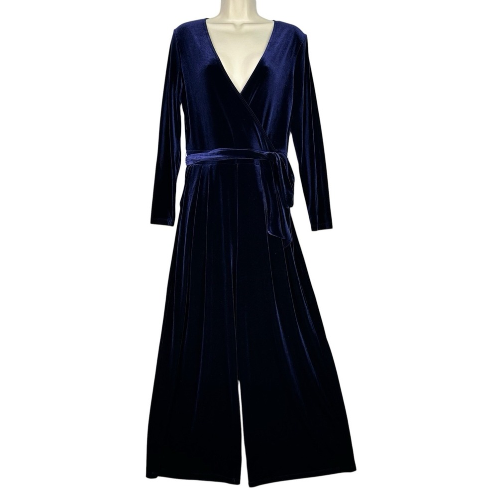 Halara Navy Velvet Wrap Jumpsuit Wide Leg Long Sleeve Belted Women M Pockets NWT